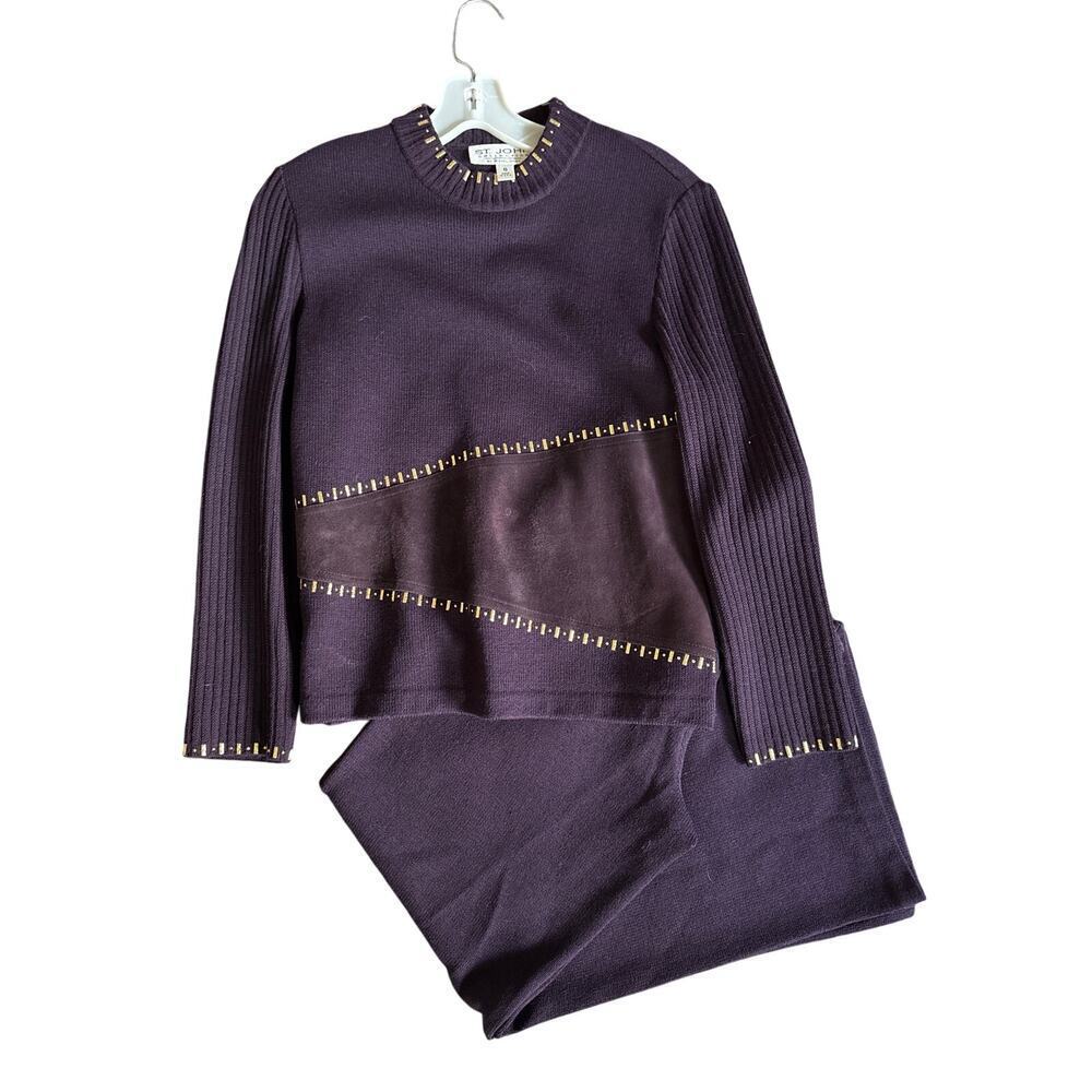 St John Collection Gold Purple Studded Embellished Mock Neck Sweater Knit Set 6